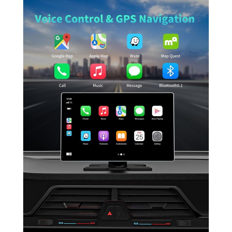 Madoec Portable Apple Carplay Screen for Car, 9" Wireless Apple