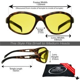 Yellow Lens Sunglasses for Cycling, Running, Shooting, Hunting, Motorcycle Riding and Driving. Full Wrap Frame with Z87.1 Impact Resistant Polycarbonate Lenses. Fits Small to Medium Head Sizes. Free Microfiber Cleaning Case included for each pair