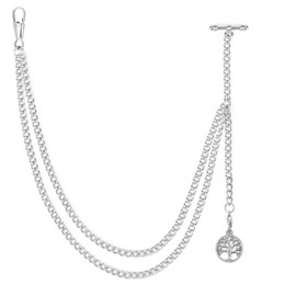 ManChDa Albert Chain Pocket Watch, T-bar Chain with Life Tree Pendant, Curb Link Chain 2 Hook Antique Fob T Bar for Men - Silver
