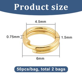 BENECREAT 100Pcs 18K Real Gold Plated Brass Open Jump Rings, 6mm Metal O Ring Gold Connector Double Ring Split Rings for Earring Necklace Bracelet, Jewelry DIY Making