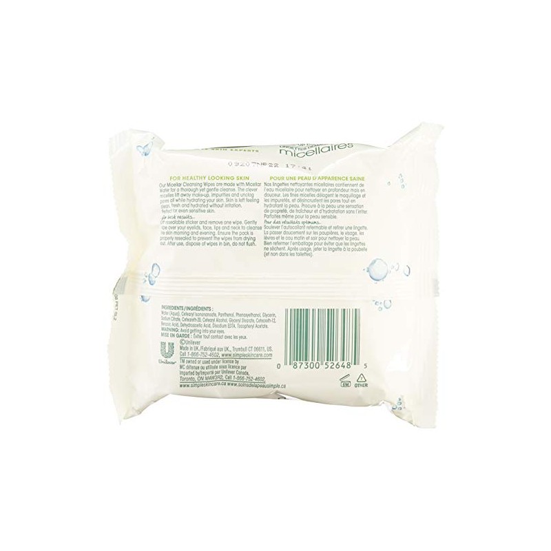 Simple Facial Wipes Micellar, 25 Count (Pack of 6)