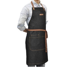 DingSay Trendy Kitchen Cooking Apron with 3 Pockets for Men Women, Professional Black Bib Aprons for Chef Barber Server, Adjustable Neck Strap (Black Denim)