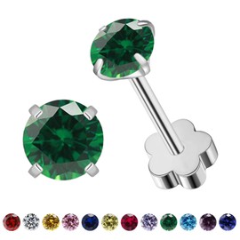Flower Screw Back Birthstone Stud Earrings for Women Girls, 3mm G23 Tiny CZ Flat Back Stud Earrings, Screw Back Helix Earrings (Silver, 5.May-Emerald)