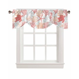 RisQiten Red Orange Coastal Tie Up Valance Curtains for Windows, Summer Beach Nautical Kitchen Curtains Window Treatments, Sea Turtle Coral Short Window Shades Valances for Bedroom Bathroom 54"x18"