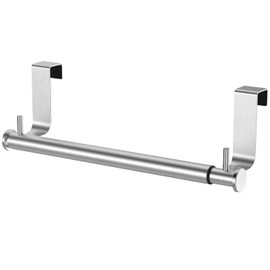 VEHHE Stainless Steel Expandable Towel Rack for Under Cabinet, Adjustable Over the Door Towel Rack with Hanging Hooks for Kitchen Cabinet, Bathroom Sponge Hand Towel Storage, Rust Proof Organizer