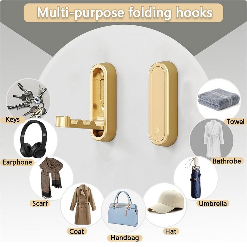 Folding Wall Hooks 2 PCS, Space-Saving Foldable Coat Towel Hooks,