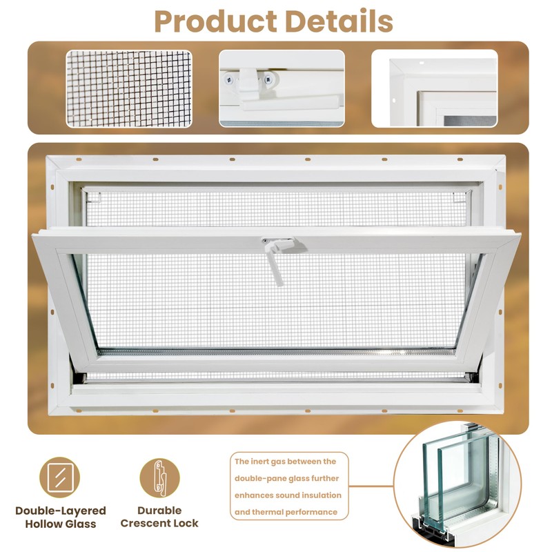 NOTASA Vinyl Basement Hopper Window, Bathroom Window 32" x 18"