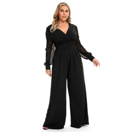 RED DOT BOUTIQUE 701 - Plus Size Mesh Long Sleeve V Wrap Neck Wide Leg Pants One Piece Jumpsuit (Black, XL)