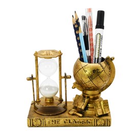 Globe-Themed Pencil Holder with Hourglass, Resin Desktop Organizer for Office & Study, Pen Holder with Sand Timer, Classic Globe Addition Scissors Storage, Artistic Gift for Travel Lovers
