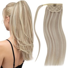 LaaVoo Pony Tail Extensions Real Human Hair 18 Inch 80g Highlight Ash Blonde & Platinum Blonde Remy Straight Ponytail hair Extensions #18/613