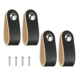 PATIKIL Leather Drawer Pulls, 4 Pcs Leather Handle Single Hole Cabinet Dresser Knobs with Screw for Bathroom Kitchen Dresser Cupboard Door, Black