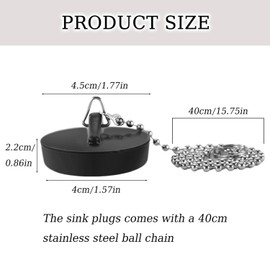 (2 Pack) Universal Rubber Bath Plug and Chain,Universal bath plug with Chain Bathroom Sink Plug,Bathroom Sink Plug Drain Stopper 40mm with Stainless Steel S Hook Chain 400mm,for Bathroom Kitchen