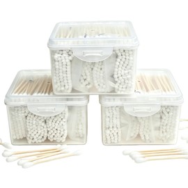 Cotton Swabs, 1200 Count Bamboo Sticks Cotton Swabs with 3 Square Plastic Boxes Cotton Buds For Ears Makeup or Nails Personal Care