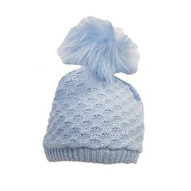 Baby Blue Boys Crochet Knit Bow Pom Pom Bobble Hat - Fully Lined (6-12 Months)