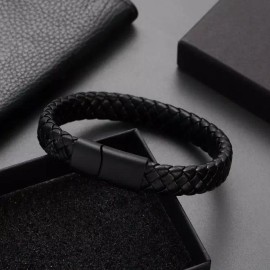 Unbranded Mens Black Leather Bracelets Clasp Multi-Layer Braided Leather Mens Bangle 7.8''