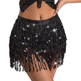 Women's Sequin Fringe Skirt Sparkle Tassel Skirts Belly Dance Hip Scarf for Women and Girls Festival Party Rave Costume (Black)