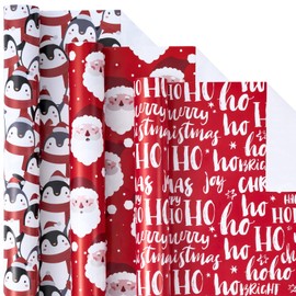 LeZakaa Christmas Wrapping Paper Roll - Mini Roll - 3 Rolls - 17 Inch X 120 Inch Per Roll - Red & White Penguins, Ho, Santa Claus, Christmas Elements Holiday Collection