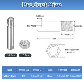 uxcell 10Pcs Slotted Cylindrical Pin, M3 x 14mm 304 Stainless Steel Dowel External Thread Locating Pin Slotted Screw with Nut for Cabinet Furniture Installation (GB878)