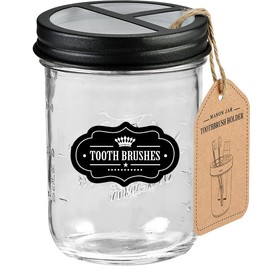 Komashr Mason Jar Toothbrush Holder -Black - with 16 Ounce Mason Jar,Premium Rustproof 304 Stainless Steel Lid and Chalkboard Labels - Rustic Farmhouse Decor Black Bathroom Accessories