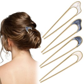 4Pcs Metal French Hair Pins, Vintage U-Shaped Hair Clip for Coiffure Accessories, Elegant Hair Fork Hair Pins for Long Thick Hair, French Twist Hair Pins for Women Girls (Gold, Silver)