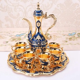Hapivida Vintage Tea Set, Metal Luxury Tea/Coffee Cup Set with Golden Trim Beautiful Tea Set with Teapot Coffee Serving Vintage Turkish Coffee Pot Set for Home Bar, Tea Party (Blue)