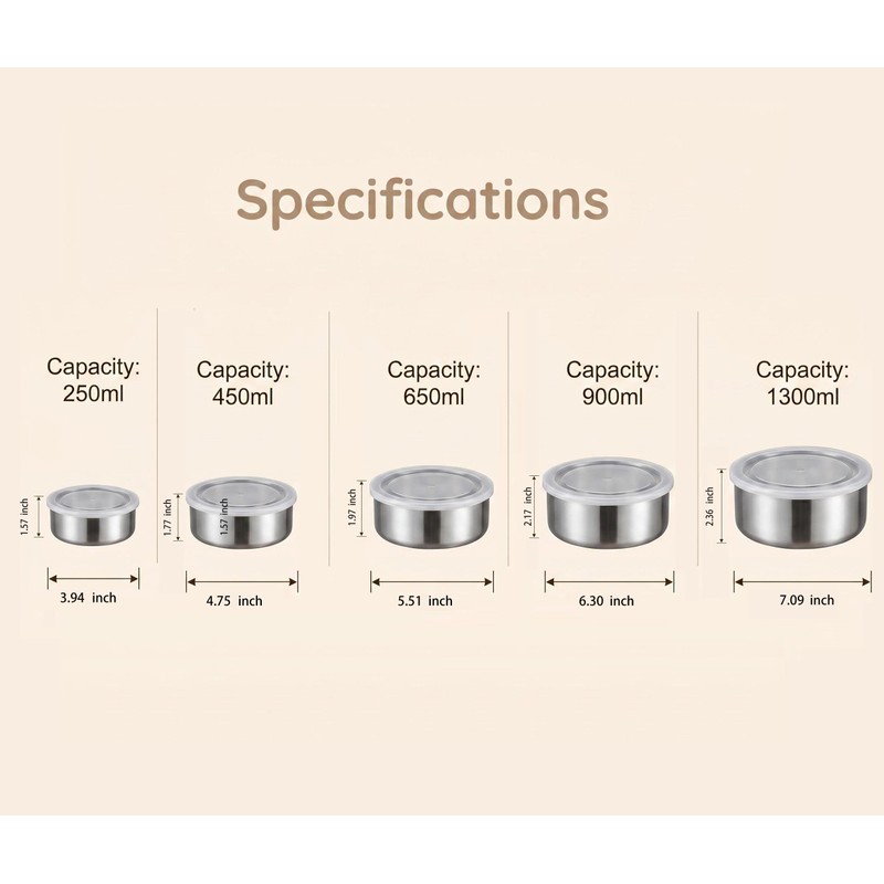 5 Pack Stainless Steel Food Storage Containers with Lids, Metal