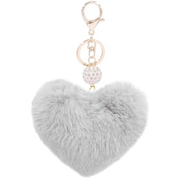 Women's Heart Faux Fur Pom Pom Key Chains Bag Accessory Puffball Keyring Backpack Charms for Girls(Grey)