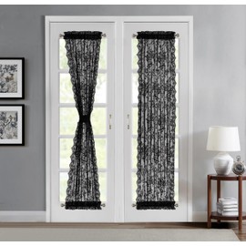 LINENZONE Pair of Premium Lace French Door Curtains or Sidelight Door Curtains with 2 Tiebacks. Long Width Semi Sheer Glass Door Curtains Feature Rustic English Rose Design. (Luna 52 x 72, Black)