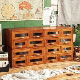 16 Drawers Desktop Storage Box,Tabletop Wooden Storage Cabinet with Handles,Stackable Countertop Drawer Organizer,Brown