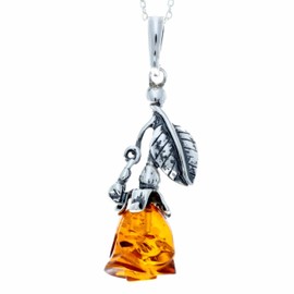 SilverAmber Jewellery UK - 925 Sterling Silver & Genuine Baltic Cognac Amber Classic Rose Carved Pendant - 660