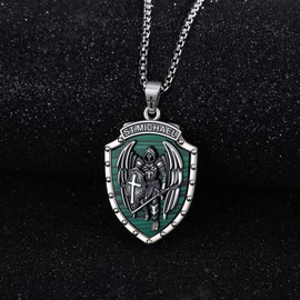 KiiKii Saint Michael Necklace for Men Women 925 Sterling Silver St Archangel Michael Medal Malachite Shield Pendant Protection Gifts Jewelry for Dad Husband Son