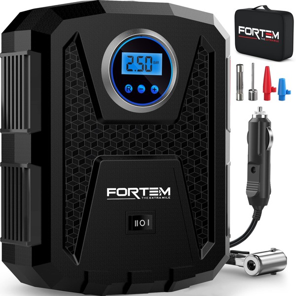 FORTEM Tire Inflator Portable Air Compressor 150 PSI, 12V Electric Bike Pump for Car Tires and Bicycles with LED Light, Digital Tire Pressure Gauge w/Auto Pump/Shut Off, Carrying Case (Black)