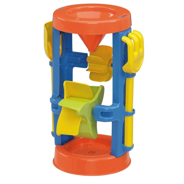American Plastic Toys Kids’ Sand and Water Wheel Tower, Flowing Sand and Water, Built-in Top Funnel, Sieve, and Wheels, Shovel and Rake Included, Liquids, Combination, for Ages 18+ Months