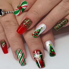 Christmas Press on Nails Square Medium Length Artificial Coffin Fake Nails with Xmas Tree Glitter Designs Winter Holiday Glossy Full Cover Acrylic False Fingernails Glue Stick on Nail with Charm