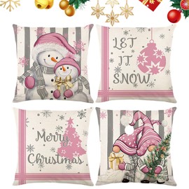 4 Pack Christmas Cushion Covers 45 x 45 cm Christmas Pillow Covers Red Xmas Cotton Linen Cushion Covers Santa Claus Pillow Covers Christmas Pillowcase Decorativefor Sofa Living Room Bed Couch (Pink)