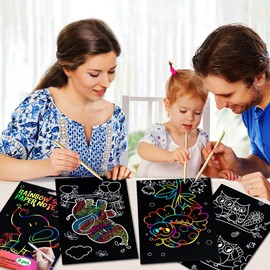 JUNQIU Scratch Art for Kids, Rainbow Scratch Paper Art Set - Animals, Arts and Crafts for Girls Boys Ages 4-8, Activity & Christmas Crafts, Stocking Stuffers for Kids