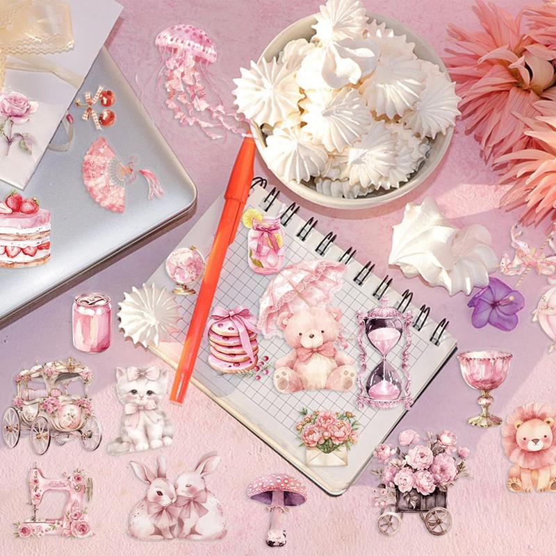 50Pcs Transparent Pink Aesthetics Stickers, for Scrapbooking, Journaling, Photo Albums,