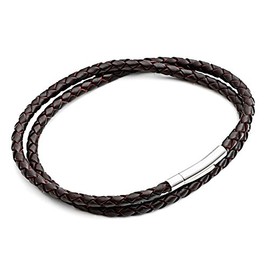 Tribal Steel Men's Brown Slimline Double Wrap Bracelet - Men's 21cm Plaited Leather Bracelet with Stainless Steel Rocker Clasp