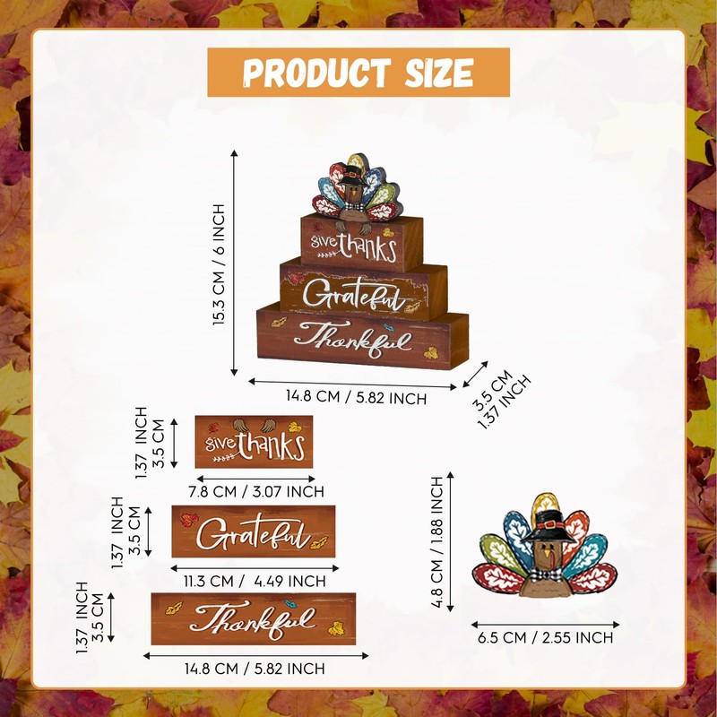 Smile Thanksgiving Decor Indoor Wooden Block Signs, Thankful Grateful Turkey
