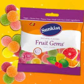 Sweetzo Sunkist Fruit Gems, Fruity Pectin Flavored Chewy Candies, Orange, Lemon, Pink Grapefruit, Raspberry and Lime, Shareable Candy Bags - 3.1 ounce (Pack of 3)