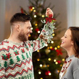 4 Pcs Christmas Mistletoe Decoration Artificial Mistletoe Hanging Ornament Kissing Ball with Berries Bell Buffalo Plaid Bow Mistletoe Decor for Xmas Tree (Bar Shaped Mistletoe Style, 10 Inch)