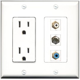 RiteAV - 15 Amp Power Outlet 1 Port RCA White 1 Port RCA Blue 1 Port Coax Decorative Wall Plate