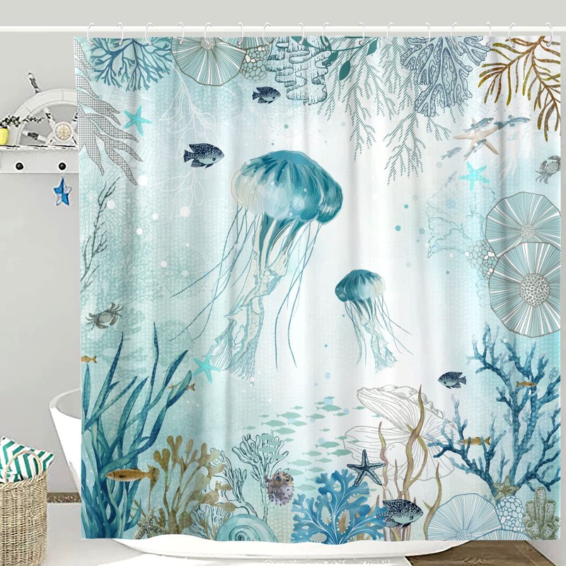 Neasow Nautical Shower Curtain, Teal Jellyfish Beach Shell Sea Life