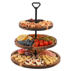 Elegant Charcuterie Boards Three Tiered Acacia Cheese Board and Cupcake Stand with 360° Easy-to-Spin Trays, Perfect for Gatherings, Housewarming Gifts, Celebrations, and Daily Usage. (30x25x20 cm)