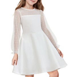 Flypigs Kids Polka Dots Mesh Puff Long Sleeve White Wedding Guest Flower Girl Dress with Pockets for 9-10 Years