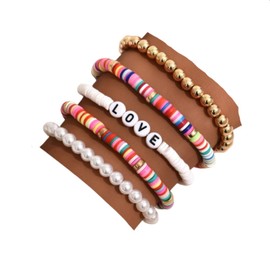 NC 5Pcs/Set Colorful Beaded Bracelet Multiple Beaded Love Strand Bracelet Handmade Pearls Beads Stretch Bracelet Heishi Surfer Bracelet Multicolored Summer Surfer Bracelet Ankle Set-Colorful