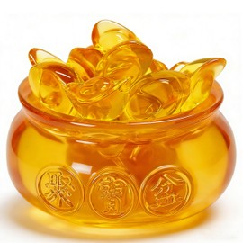 1PCS Feng Shui Golden Treasure Basin and About 20 PCS Ingot Yuan Bao, 3In Crystal Glass Treasure Basin Good Luck Wealth Prosperity Figurine for Feng Shui Decor, Home Office Decor Chinese Gifts