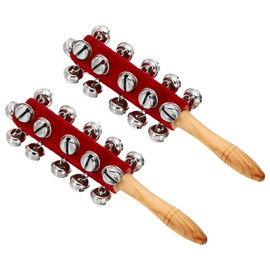 PATIKIL 2 pcs Hand Jingle Bells, Hand Bell Handheld Wrist Bells Sleigh Bells Wooden Hand Percussion Instruments Musical with 21 Bells for Music Class Party Christmas, Red