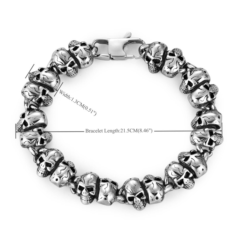 BIYONGDE Mens Gothic Skull Link Chain Bracelet, Stainless Steel Biker