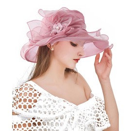 ELLYDOOR Women Organza Derby Church Fascinator Hat Fancy Wide Brim Sun Hats for Wedding Tea Party Hat Pink